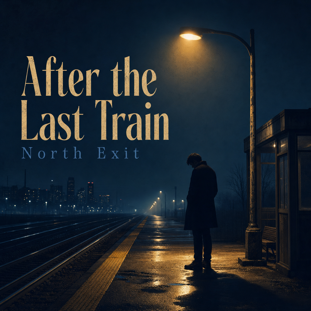 After the Last Train by North Exit cover art, showing a lone figure under a sodium platform light beside wet railway tracks at night