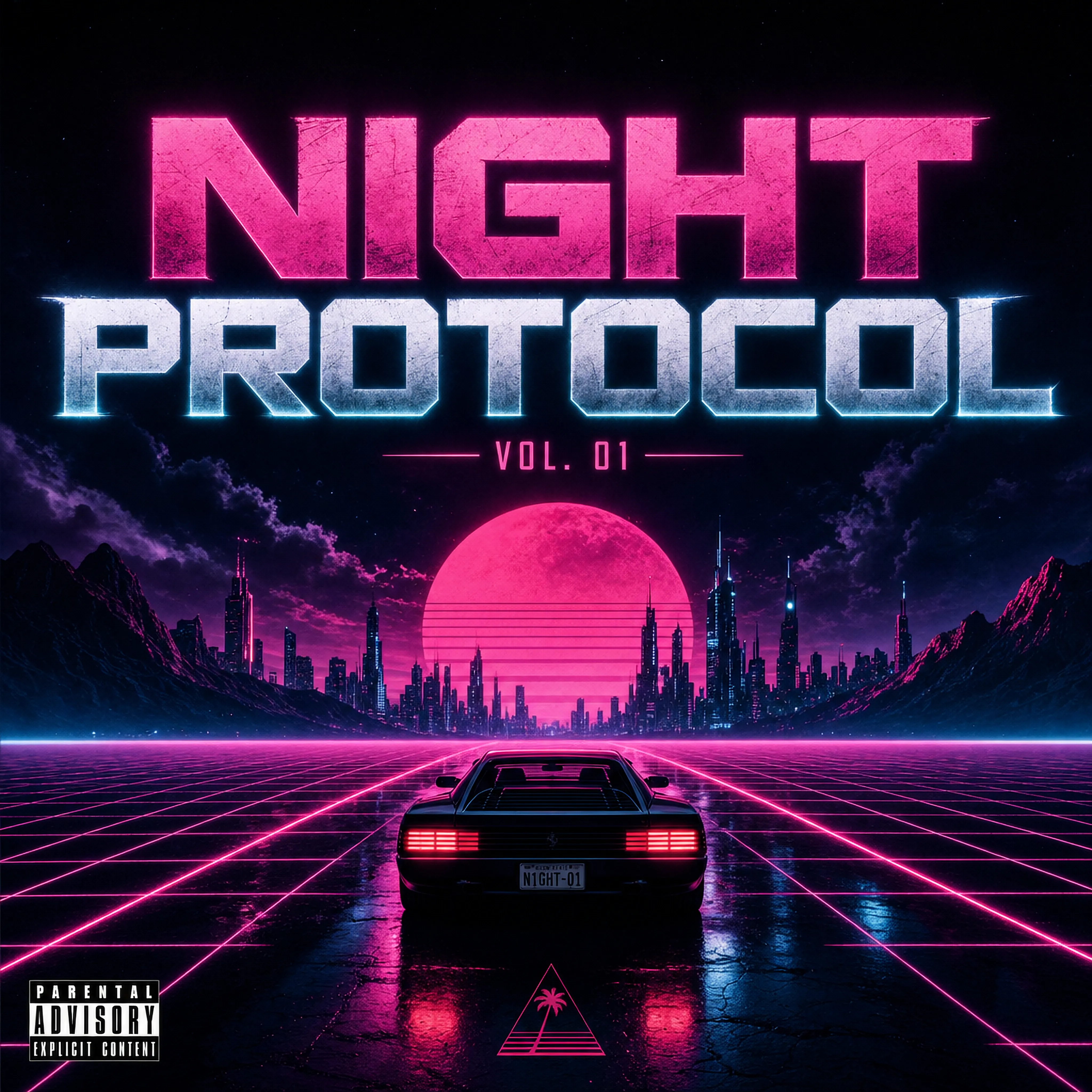 Night Protocol synthwave album cover before upscaling — upscaled preview. Expand for full-size before and after comparison.